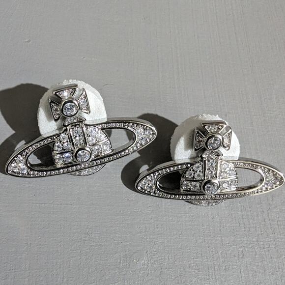 Saturn Orb Planet Stud Earring Cubic Zircon Crystal Rhinestone with Box - Picture 1 of 10